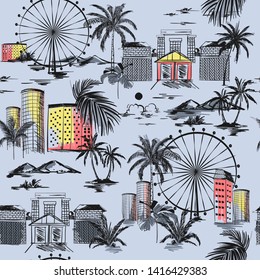 Summer mood with beach vibes palm trees and mountain Seamless pattern with hand drawn doodle city Vector illustration of urban vacation, on light blue