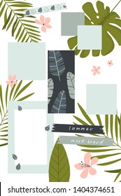 Summer mood board. Poster cards photos leaves stickers hanging on the wall. Trendy inspirational background. Vector illustration