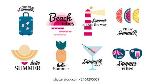 Summer mood illustration set in modern design. Summer vacation. Collection of stickers in flat style. Isolated on white background. Vector illustration.
