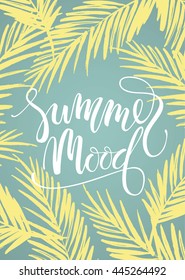 Ánimo de verano. Diseño de la carta en el fondo de la palma. Ilustración vectorial para carteles, tarjetas, web, volantes y otros usos
