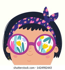 Summer mood. Little brunette girl with big nerdy round sunglasses. Reflection of the tulip flowers in the glasses. Hand drawn vector trendy illustration. Cartoon style. Flat design