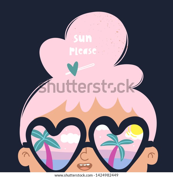 夏のムード 大きなハート形のサングラスをかけた小さなピンクの髪の女の子 眼鏡に映る手のひらと海の光 手描きのベクトルトレンディイラスト 漫画のスタイル フラットデザイン のベクター画像素材 ロイヤリティフリー