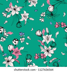 Summer mood outline sketch and hand drawn lily flowers. Botanical Seamless pattern vector texture. For fashion prints. printing ,fabric,fashion wallpaper and all prints on fresh green