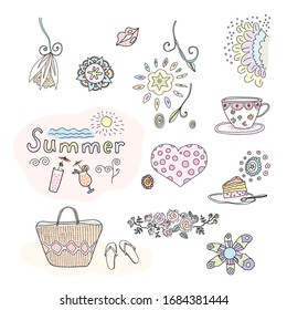 Summer mood pattern, with flowers, wicker basket, heart, sun and sea. Cocktail drinks. Easy style. Pastel color.
