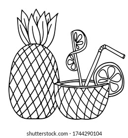 summer mood pineapple cocktail  color and line vector illustraion hand-drawn doodles isolated fo white background, cocktail straw