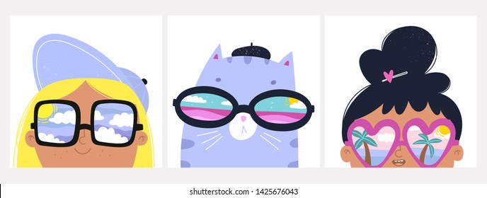 Summer mood. Set of cards with cat and girls with big sunglasses. Different reflections in glasses: cloudy sky, palms and ocean. Hand drawn vector trendy illustrations. Cartoon style. Flat design