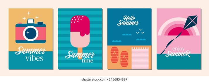 Conjunto de sentimiento de verano de ilustraciones en diseño plano. Hola verano. Vibraciones veraniegas.  Tarjeta de verano o concepto de póster en estilo geométrico. Ilustración vectorial.
