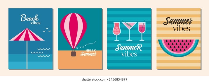 Conjunto de sentimiento de verano de ilustraciones en diseño plano. Hola verano. Vibraciones veraniegas.  Tarjeta de verano o concepto de póster en estilo geométrico. Ilustración vectorial.
