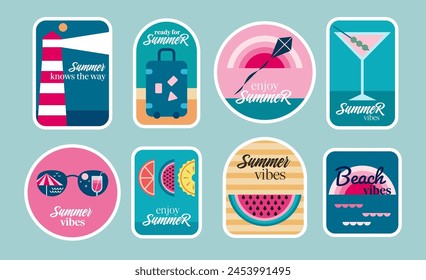 Summer mood. A set of stickers in  modern design. Collection of summer illustrations in flat style.
Vector illustration.