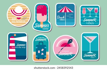 Summer mood stickers collection in modern design. A set of summer illustrations in flat style. Vector illustration.
