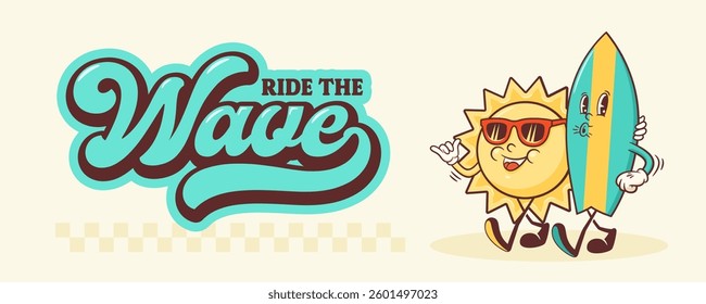 Summer Mood Surfing Retro Cartoon Groovy Characters Banner. Cute Funny Flip Flops Slipper with Surf Board Illustration. Beach Vacation Personage Walking Smiling Vintage Vector Drawing Poster Isolated