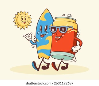 Summer Mood Surfing Retro Cartoon Groovy Characters. Cute Funny Surf Board and Soda Beer Can Illustration. Beach Vacation Personage Walking Smiling Vintage Vector Drawing Poster Isolated