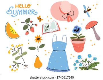 Summer mood.Set of summer things.Blue polka-dot dress, straw hat, Violet in a pot, book, wildflowers, melon, pear, fly agaric, strawberry, wasp.Perfect for greetings, cards, posters.