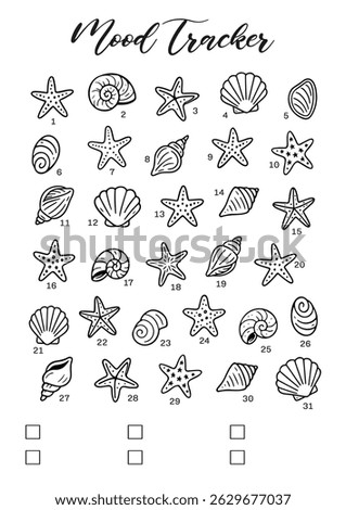 Summer mood tracker Journal Printable Planner Page Template, Vector Illustration, A4 and A5 Sizes, Hand Drawn Doodle Style. Planner pages bullet journal A5 A4 format.