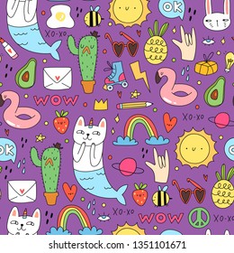 Summer mood. Various doodle elements. Flat design. Trendy style. Hand drawn colored vector seamless pattern. Purple background