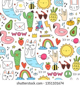 Summer mood. Various doodle elements. Flat design. Trendy style. Hand drawn colored vector seamless pattern