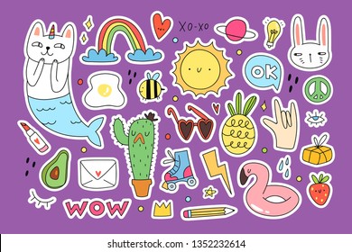 Summer mood. Various doodle elements. Hand drawn colored vector set. Flat design. Trendy style. All elements are isolated. Pre made stickers. Purple background