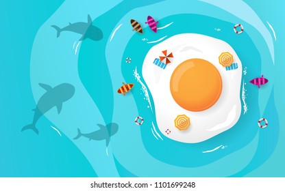 Summer Morning, creative background with blue sea and egg as a land, for print, banner, cards etc.