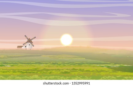 Summer morning. Green field, mill and shed. Life outside the city. Farm and agriculture. Realistic Vector Landscape