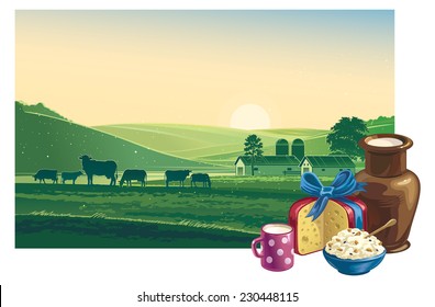 Summer morning. landscape with cows and dairy products.