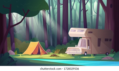 Summer morning landscape with forest river and camping . Summer camp in forest.