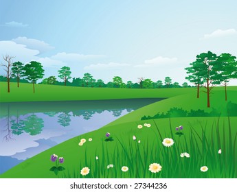 Summer morning landscape with a green grass, trees, flowers and river