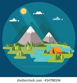 summer. Morning landscape in the mountains. Solitude in nature by the river. Weekend in the tent. Hiking and camping. Vector flat illustration