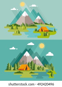 summer. Morning landscape in the mountains. Solitude in nature by the river. Weekend in the tent. Hiking and camping. Vector flat illustration