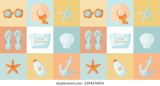 Summer mosaic seamless pattern with various beach elements. Bright beach banner with sunglasses, seashells, sun cream, anchor and flip flops. Nautical summer collage with various beach elements.