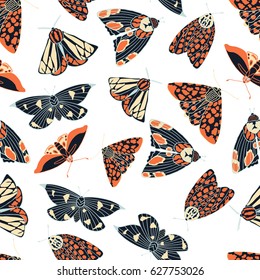 Summer moth seamless vector pattern.  Happy and colorful design.