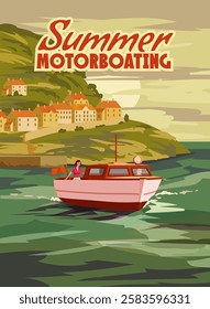 Summer Motorboating Trip poster retro, boat on the ocean, sea. Tropical cruise, sailboat, palms, summertime travel vacation. Vector illustration vintage