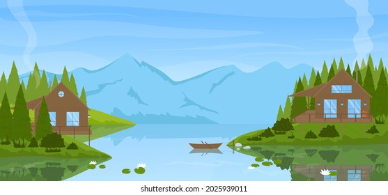 Summer mountain calm landscape with modern wooden houses vector illustration. Cartoon scenic countryside view with green pine forest woods, cabin house by lake, travel vacation scenery background