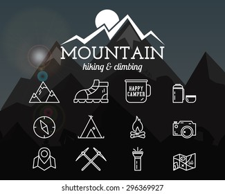 Summer mountain camp badge, logo template and label. Travel, hiking, climbing line icons. Thin and outline design. Outdoor. Best for adventure sites, travel magazine etc.On blurred background. Vector