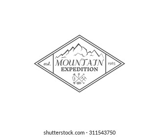 Summer mountain camp badge, logo, label and icon template. Travel, hiking, climbing style. Outdoor emblem. Best for adventure sites, company etc. On white background. Vector illustration