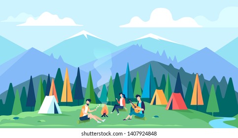 Summer mountain camp and a few friends sitting near the fire with guitar and marshmallows