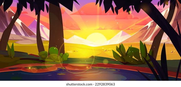 Summer mountain with lake green nature evening landscape background. Water in river near meadow and tree scene illustration. Sunset alps with orange cloud sky to travel outdoor in peaceful mountains.