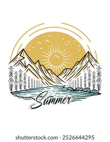 Ilustración de diseño de camiseta de aventura al aire libre de lago de montaña de verano para amantes de los viajes