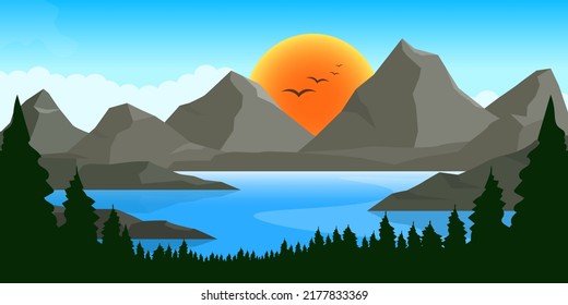 Paisaje montañoso de verano sobre el fondo de la puesta de sol, un tranquilo lago montañoso y un bosque de coníferas en la orilla