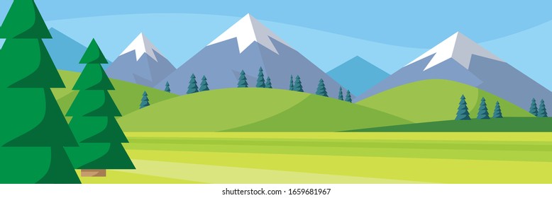 Summer Mountain Landscape. Background. Forest Sky Woods Flat Vector Illustration