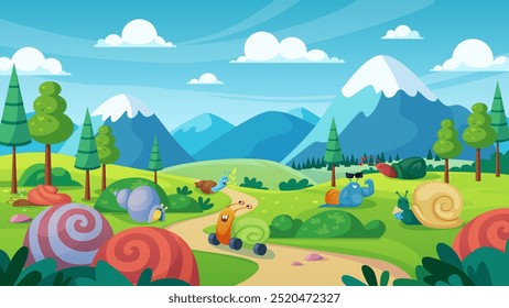 Summer mountain landscape with comic snails on road and meadow. Pastoral scene, cute slugs with shells and eyes on antennas crawl and roll on wheels, escargots eat plants cartoon vector illustration