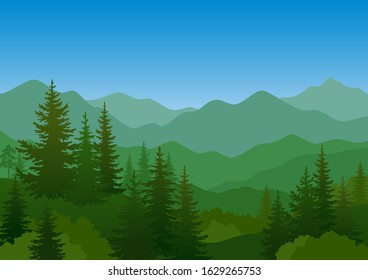 Summer Mountain Landscape with Green Coniferous and Deciduous Trees and Blue Sky. Vector