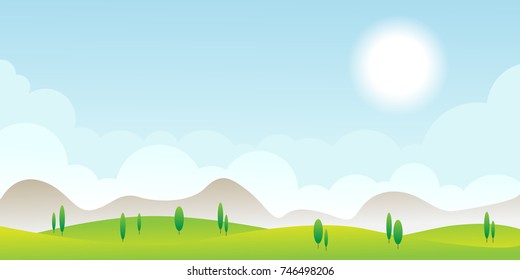 Summer mountain landscape. Green landscape with trees. Lovely rural nature. Unlimited space. Vector illustration. Vector cartoon illustration of a landscape