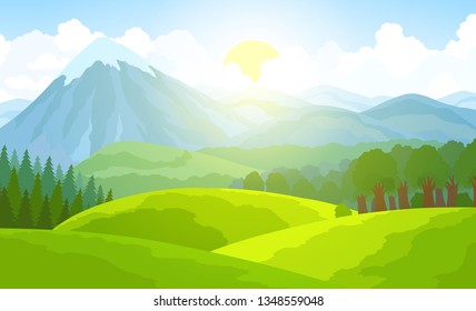 Summer mountain landscape. Green valley vector illustration.