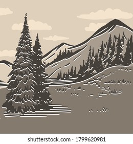 Summer mountain landscape with pine tree. Vintage etching, stock vector illustration.
