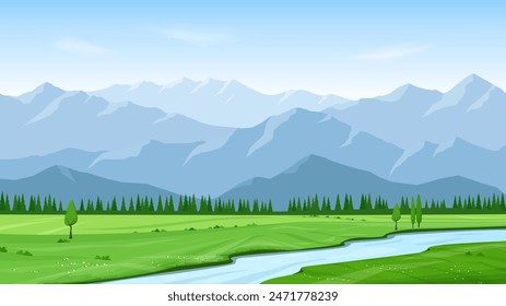 Summer mountain landscape. A river flowing through a green valley. High mountains and forest in the distance. Picturesque countryside. The concept of tourism, hiking. Vector image.