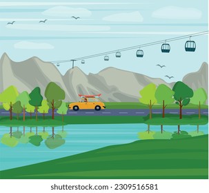 A summer mountain landscape with a river, a highway and a suspended cable car. Outdoor recreation. Vector illustration.