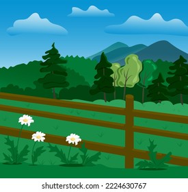 Summer Mountain Landscape Scene. White daisies and fence with mountains on the background. Concept illustration in flat style