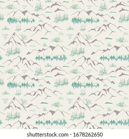 Summer mountain landscape seamless pattern with firs, lakes, plants and flowers