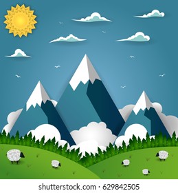 Summer mountain landscape with sheep on field. Alpine meadow, green valley, pasture of animals, forest and mountains on a blue sky. Nature background vector illustration in paper art style.