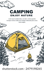 Summer mountain outdoor camp vertical poster, banner, flyer design template. Yellow tent camping and fire in pine forest. Vector wild landscape hand drawn sketch illustration